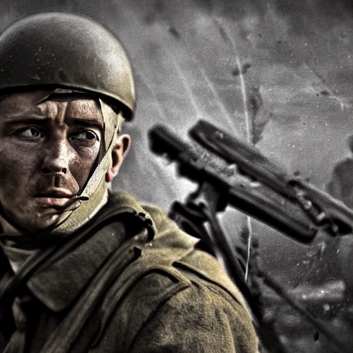 Imagine a mighty Ukrainian soldier in the midst of a great historical war, defending a large Ukrainian city, exchanging gunfire with Russian invaders, taking actions that will change the course of history, 4k quality, detailed soldier's body, very well detailed dirty and exhausted face, 8k quality, exciting historical drama, conveying all the chaos of war, the destroyed buildings of a large city