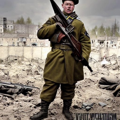 Imagine a mighty Ukrainian soldier in the midst of a great historical war, defending a large Ukrainian city, exchanging gunfire with Russian invaders, taking actions that will change the course of history, 4k quality, detailed soldier's body, very well detailed dirty and exhausted face, 8k quality, exciting historical drama, conveying all the chaos of war, the destroyed buildings of a large city