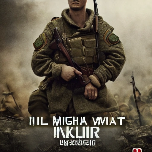 Imagine a mighty Ukrainian soldier in the midst of a great historical war, defending a large Ukrainian city, exchanging fire with Russian invaders, taking actions that will change the course of history, 4k quality, detailed soldier body, 8k quality, exciting historical drama