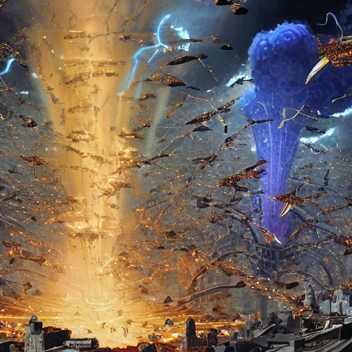 Downvote
swarm of nanobots in a giant formation invading a ruined city, held aloft by thousands of glowing wires, gold & obsidian flowing long hair, todd mcfarlane — c 1 5, finished concept art, ancient kings in white robes, bombs dropping, serpentine features, oversaturated, saturn in the background, dark baroque painting, digital artwork, murata range, red kimono, arrogant, in the style of chris foss