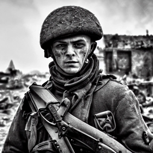 Imagine a mighty Ukrainian soldier in the midst of a great historical war, defending a large Ukrainian city, exchanging gunfire with Russian invaders, taking actions that will change the course of history, 4k quality, detailed soldier's body, very well detailed dirty and exhausted face, 8k quality, exciting historical drama, conveying all the chaos of war, the destroyed buildings of a large city