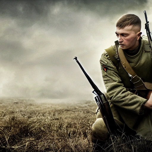 Imagine a mighty Ukrainian soldier in the midst of a great historical war, defending a large Ukrainian city, exchanging fire with Russian invaders, taking actions that will change the course of history, 4k quality, detailed soldier body, 8k quality, exciting historical drama