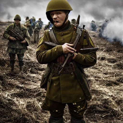 Imagine a mighty Ukrainian soldier in the midst of a great historical war, defending a large Ukrainian city, exchanging fire with Russian invaders, taking actions that will change the course of history, 4k quality, detailed soldier body, 8k quality, exciting historical drama