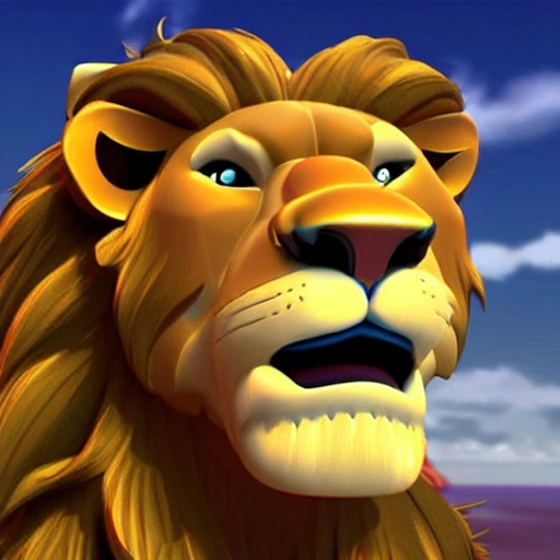 a fierce and strong lion in 3d cartoon for children.
