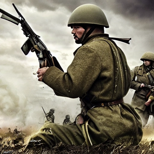 Imagine a mighty Ukrainian soldier in the midst of a great historical war, defending a large Ukrainian city, exchanging fire with Russian invaders, taking actions that will change the course of history, 4k quality, detailed soldier body, 8k quality, exciting historical drama