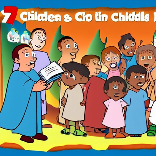 7 children reading the Bible in cartoon for children., 3D