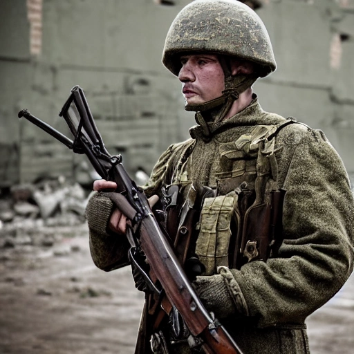 Imagine a mighty Ukrainian soldier in the midst of a great historical war, defending a large Ukrainian city, exchanging gunfire with Russian invaders, taking actions that will change the course of history, 4k quality, detailed soldier's body, very well detailed dirty and exhausted face, 8k quality, exciting historical drama, conveying all the chaos of war, the destroyed buildings of a large city