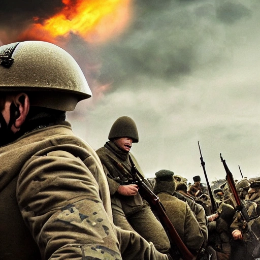 Imagine a mighty Ukrainian soldier in the midst of a great historical war, defending a large Ukrainian city, exchanging fire with Russian invaders, taking actions that will change the course of history, 4k quality, detailed soldier body, 8k quality, exciting historical drama