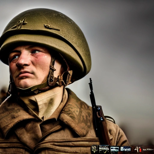 Imagine a mighty Ukrainian soldier in the midst of a great historical war, defending a large Ukrainian city, exchanging gunfire with Russian invaders, taking actions that will change the course of history, 4k quality, detailed soldier's body, very well detailed dirty and exhausted face, 8k quality, exciting historical drama, conveying all the chaos of war, the destroyed buildings of a large city