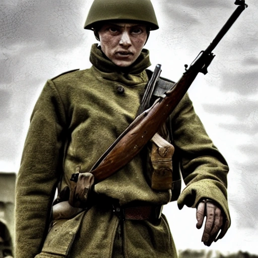 Imagine a mighty Ukrainian soldier in the midst of a great historical war, defending a large Ukrainian city, exchanging gunfire with Russian invaders, taking actions that will change the course of history, 4k quality, detailed soldier's body, very well detailed dirty and exhausted face, 8k quality, exciting historical drama, conveying all the chaos of war, the destroyed buildings of a large city