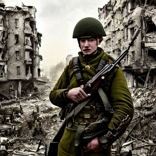 Imagine a mighty Ukrainian soldier in the midst of a great historical war, defending a large Ukrainian city, exchanging gunfire with Russian invaders, taking actions that will change the course of history, 4k quality, detailed soldier's body, very well detailed dirty and exhausted face, 8k quality, exciting historical drama, conveying all the chaos of war, the destroyed buildings of a large city