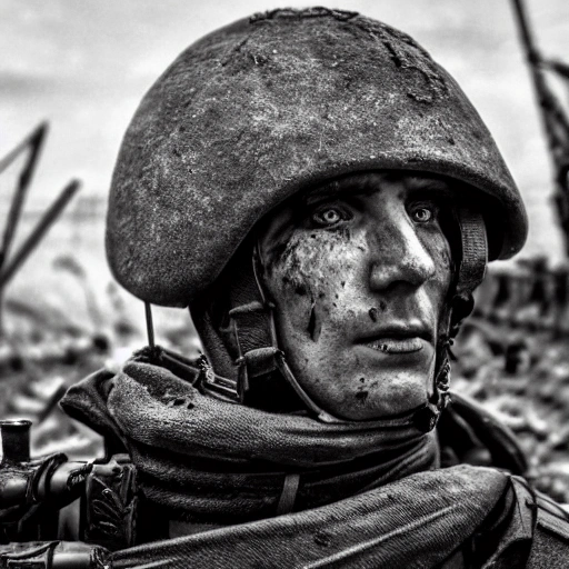 Imagine a mighty Ukrainian soldier in the midst of a great historical war, defending a large Ukrainian city, exchanging gunfire with Russian invaders, taking actions that will change the course of history, 4k quality, detailed soldier's body, very well detailed dirty and exhausted face, 8k quality, exciting historical drama, conveying all the chaos of war, the destroyed buildings of a large city