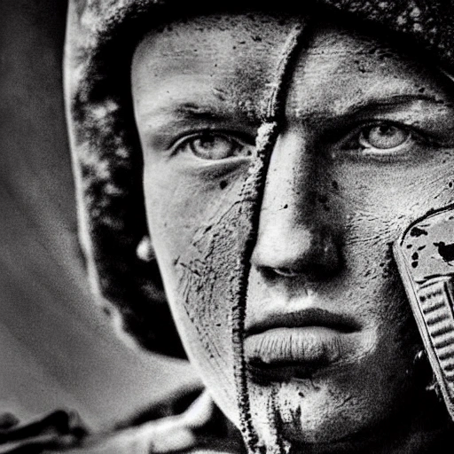 Imagine a mighty Ukrainian soldier in the midst of a great historical war, defending a large Ukrainian city, exchanging gunfire with Russian invaders, taking actions that will change the course of history, 4k quality, detailed soldier's body, very well detailed dirty and exhausted face, 8k quality, exciting historical drama, conveying all the chaos of war, the destroyed buildings of a large city