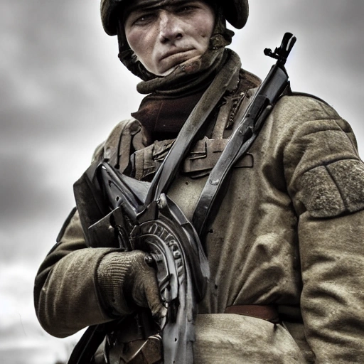 Imagine a mighty Ukrainian soldier in the midst of a great historical war, defending a large Ukrainian city, exchanging gunfire with Russian invaders, taking actions that will change the course of history, 4k quality, detailed soldier's body, very well detailed dirty and exhausted face, 8k quality, exciting historical drama, conveying all the chaos of war, the destroyed buildings of a large city