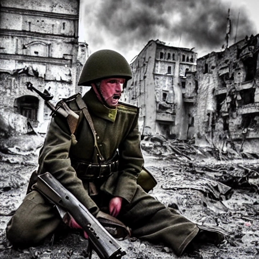 Imagine a mighty Ukrainian soldier in the midst of a great historical war, defending a large Ukrainian city, exchanging gunfire with Russian invaders, taking actions that will change the course of history, 4k quality, detailed soldier's body, very well detailed dirty and exhausted face, 8k quality, exciting historical drama, conveying all the chaos of war, the destroyed buildings of a large city