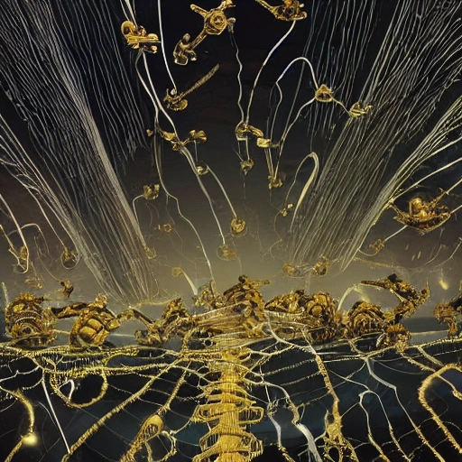 Downvote
swarm of nanobots in a giant formation invading a ruined city, held aloft by thousands of glowing wires, gold & obsidian flowing long hair, todd mcfarlane — c 1 5, finished concept art, ancient kings in white robes, bombs dropping, serpentine features, oversaturated, saturn in the background, dark baroque painting, digital artwork, murata range, red kimono, arrogant, in the style of chris foss