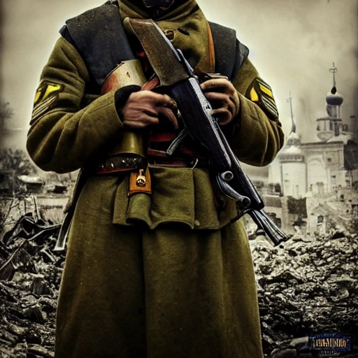 Imagine a mighty Ukrainian soldier in the midst of a great historical war, defending a large Ukrainian city, exchanging gunfire with Russian invaders, taking actions that will change the course of history, 4k quality, detailed soldier's body, very well detailed dirty and exhausted face, 8k quality, exciting historical drama, conveying all the chaos of war, the destroyed buildings of a large city