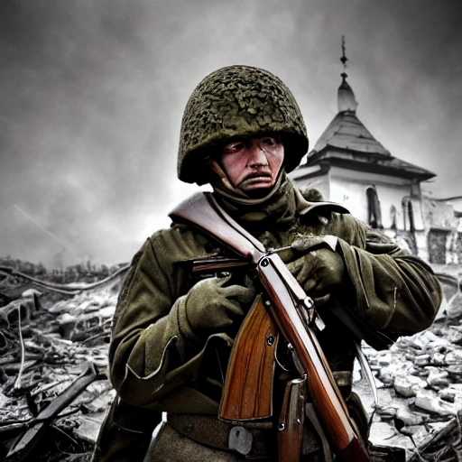 Imagine a mighty Ukrainian soldier in the midst of a great historical war, defending a large Ukrainian city, exchanging gunfire with Russian invaders, taking actions that will change the course of history, 4k quality, detailed soldier's body, very well detailed dirty and exhausted face, 8k quality, exciting historical drama, conveying all the chaos of war, the destroyed buildings of a large city