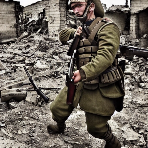 Imagine a mighty Ukrainian soldier in the midst of a great historical war, defending a large Ukrainian city, exchanging gunfire with Russian invaders, taking actions that will change the course of history, 4k quality, detailed soldier's body, very well detailed dirty and exhausted face, 8k quality, exciting historical drama, conveying all the chaos of war, the destroyed buildings of a large city