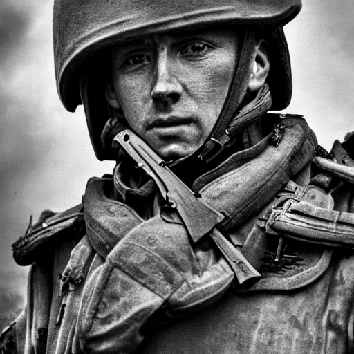 Imagine a mighty Ukrainian soldier in the midst of a great historical war, defending a large Ukrainian city, exchanging gunfire with Russian invaders, taking actions that will change the course of history, 4k quality, detailed soldier's body, very well detailed dirty and exhausted face, 8k quality, exciting historical drama, conveying all the chaos of war, the destroyed buildings of a large city