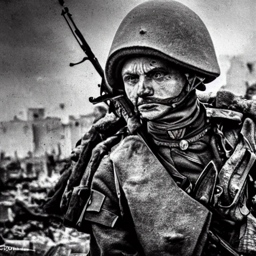 Imagine a mighty Ukrainian soldier in the midst of a great historical war, defending a large Ukrainian city, exchanging gunfire with Russian invaders, taking actions that will change the course of history, 4k quality, detailed soldier's body, very well detailed dirty and exhausted face, 8k quality, exciting historical drama, conveying all the chaos of war, the destroyed buildings of a large city