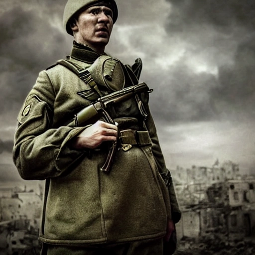 Imagine a mighty Ukrainian soldier in the midst of a great historical war, defending a large Ukrainian city, exchanging gunfire with Russian invaders, taking actions that will change the course of history, 4k quality, detailed soldier's body, very well detailed dirty and exhausted face, 8k quality, exciting historical drama, conveying all the chaos of war, the destroyed buildings of a large city