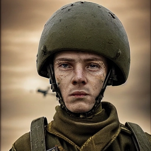 Imagine a mighty Ukrainian soldier in the midst of a great historical war, defending a large Ukrainian city, exchanging gunfire with Russian invaders, taking actions that will change the course of history, 4k quality, detailed soldier's body, very well detailed dirty and exhausted face, 8k quality, exciting historical drama, conveying all the chaos of war, the destroyed buildings of a large city