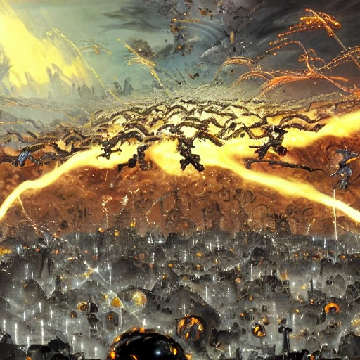 Downvote
swarm of nanobots in a giant formation invading a ruined city, held aloft by thousands of glowing wires, gold & obsidian flowing long hair, todd mcfarlane — c 1 5, finished concept art, ancient kings in white robes, bombs dropping, serpentine features, oversaturated, saturn in the background, dark baroque painting, digital artwork, murata range, red kimono, arrogant, in the style of chris foss