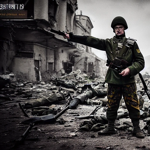 Imagine a mighty Ukrainian soldier in the midst of a great historical war, defending a large Ukrainian city, exchanging gunfire with Russian invaders, taking actions that will change the course of history, 4k quality, detailed soldier's body, very well detailed dirty and exhausted face, 8k quality, exciting historical drama, conveying all the chaos of war, the destroyed buildings of a large city