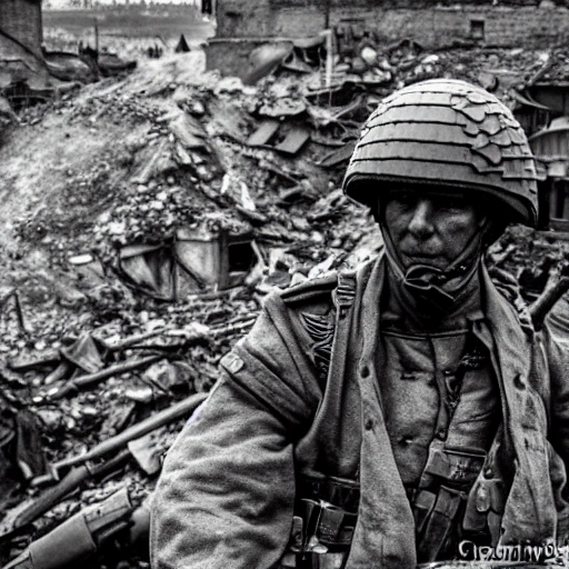 Imagine a mighty Ukrainian soldier in the midst of a great historical war, defending a large Ukrainian city, exchanging gunfire with Russian invaders, taking actions that will change the course of history, 4k quality, detailed soldier's body, very well detailed dirty and exhausted face, 8k quality, exciting historical drama, conveying all the chaos of war, the destroyed buildings of a large city