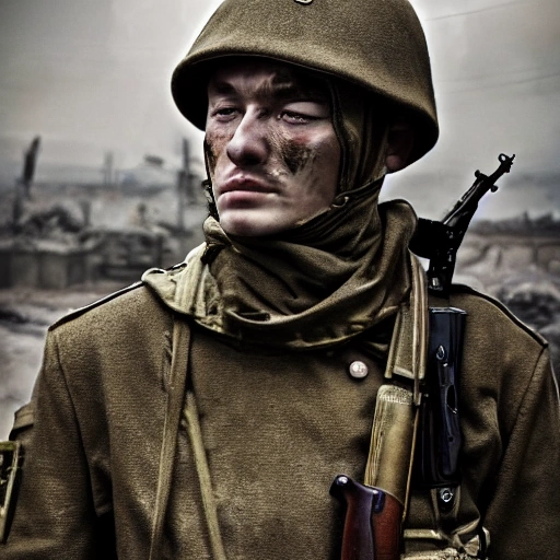 Imagine a mighty Ukrainian soldier in the midst of a great historical war, defending a large Ukrainian city, exchanging gunfire with Russian invaders, taking actions that will change the course of history, 4k quality, detailed soldier's body, very well detailed dirty and exhausted face, 8k quality, exciting historical drama, conveying all the chaos of war, the destroyed buildings of a large city