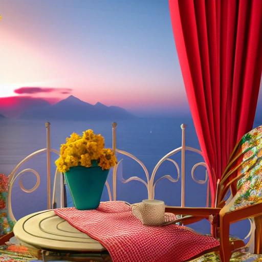 cozy vintage balcony on Amalfi coast, sunset, old chair, curtains,vases, flowers, blanket, cup of tea, table, plants, candles light, isalnds, romatic atmosphere, photo realistic, high definition, high detailed, 8k, 3D, 3D