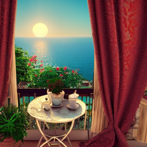 cozy vintage balcony on Amalfi coast, sunset, old chair, curtains,vases, flowers, blanket, cup of tea, table, plants, candles light, isalnds, romatic atmosphere, photo realistic, high definition, high detailed, 8k, 3D, 3D, Trippy