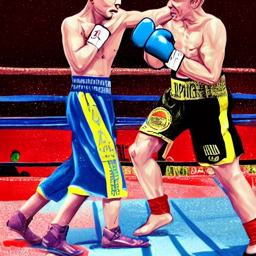 Detailed illustration of boxing sparring between Volodymyr Zelenskyi and Vladimir Putin, real fight in the ring, high quality picture