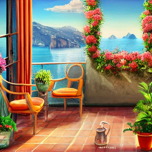 cozy vintage balcony on Amalfi coast, sunset, old chair, curtains,vases, flowers, blanket, cup of tea, table, plants, candles light, isalnds, romatic atmosphere, photo realistic, high definition, high detailed, 8k, 3D, 3D, Trippy, Oil Painting, 3D