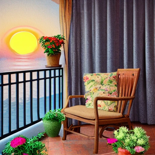 cozy vintage balcony on Amalfi coast, sunset, old chair, curtains,vases, flowers, blanket, cup of tea, table, plants, candles light, isalnds, romatic atmosphere, photo realistic, high definition, high detailed, 8k, 3D, 3D, Trippy, Oil Painting, 3D