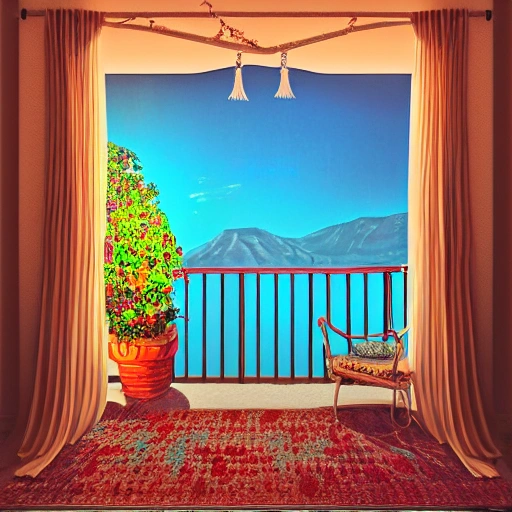 cozy vintage balcony on Amalfi coast, sunset, old chair, curtains,vases, flowers, blanket, cup of tea, table, plants, candles light, isalnds, romatic atmosphere, photo realistic, high definition, high detailed, 8k, 3D, 3D, Trippy, Oil Painting, 3D