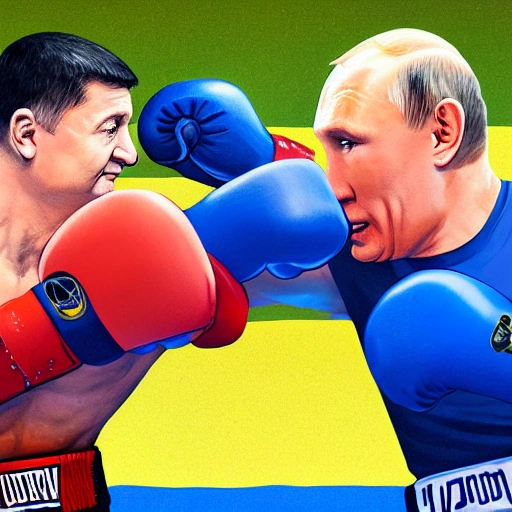 Detailed illustration of the boxing sparring of Volodymyr Zelenskyi (President of Ukraine) with Volodymyr Putin (President of Russia), real fight in the ring, Volodymyr Putin is bald and thin, Volodymyr Zelenskyi has black short hair, high quality picture