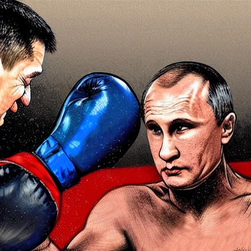 Detailed illustration of the boxing sparring of Volodymyr Zelenskyi (President of Ukraine) with Volodymyr Putin (President of Russia), real fight in the ring, Volodymyr Putin is bald and thin, Volodymyr Zelenskyi has black short hair, high quality picture