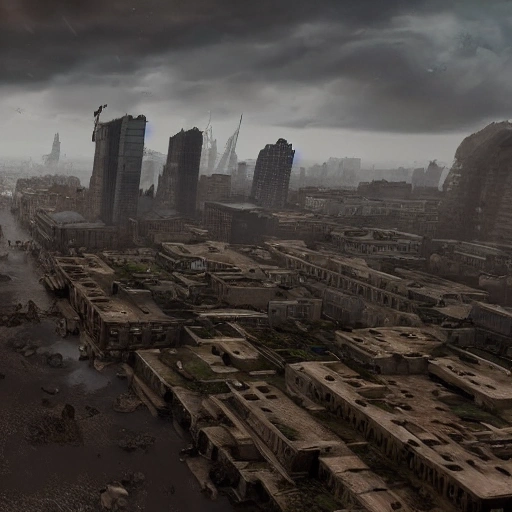 Very high-resolution,4k,8k, RTX, DLSS, huge magepolis after apocalypse, ruins, skyscrapers, high camera located, cloudy weather, rain, tanks, aviation, soldiers, Modern World War, battlefield 5,