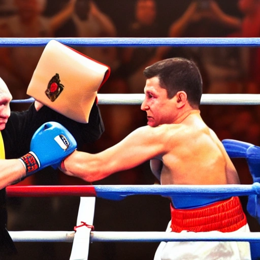 Detailed illustration of the boxing sparring of Volodymyr Zelenskyi (President of Ukraine) with Volodymyr Putin (President of Russia), real fight in the ring, Volodymyr Putin is bald and thin, Volodymyr Zelenskyi has black short hair, high quality picture