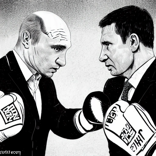 Detailed illustration of the boxing sparring of Volodymyr Zelenskyi (President of Ukraine) with Volodymyr Putin (President of Russia), real fight in the ring, Volodymyr Putin is bald and thin, Volodymyr Zelenskyi has black short hair, high quality picture