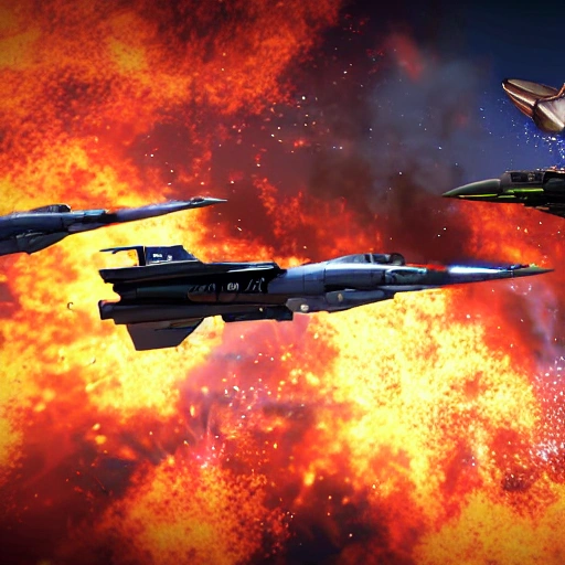 Very high-resolution, 4k, 8k, RTX, DLSS, Air battle between two fighters, rockets, fair