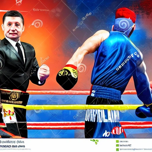 Detailed illustration of the boxing sparring of Volodymyr Zelenskyi (President of Ukraine) with Volodymyr Putin (President of Russia), real fight in the ring, Volodymyr Putin is bald and thin, Volodymyr Zelenskyi has black short hair, high quality picture