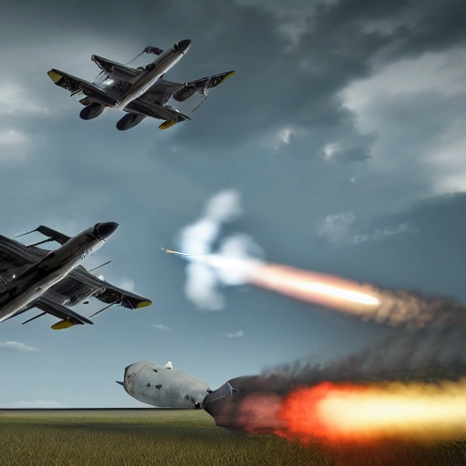 Very high-resolution, 4k, 8k, RTX, DLSS, Air battle between two fighters, rockets, Cloudy sky, Modern aviation, 