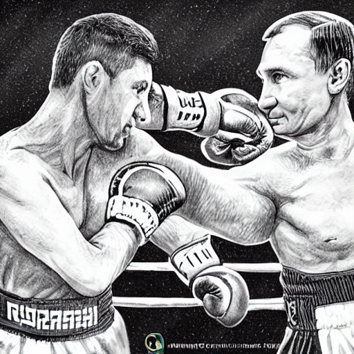 Detailed illustration of the boxing sparring of Volodymyr Zelenskyi (President of Ukraine) with Volodymyr Putin (President of Russia), real fight in the ring, Volodymyr Putin is bald and thin, Volodymyr Zelenskyi has black short hair, high quality picture