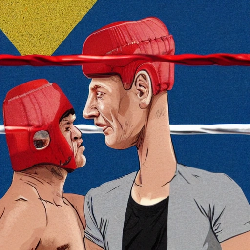 Detailed illustration of the boxing sparring of Volodymyr Zelenskyi (President of Ukraine) with Volodymyr Putin (President of Russia), real fight in the ring, Volodymyr Putin is bald and thin, Volodymyr Zelenskyi has black short hair, high quality picture