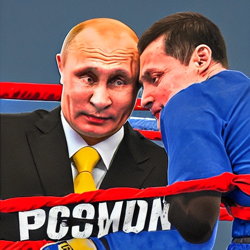 Detailed illustration of the boxing sparring of Volodymyr Zelenskyi (President of Ukraine) with Volodymyr Putin (President of Russia), real fight in the ring, Volodymyr Putin is bald and thin, Volodymyr Zelenskyi has black short hair, high quality picture