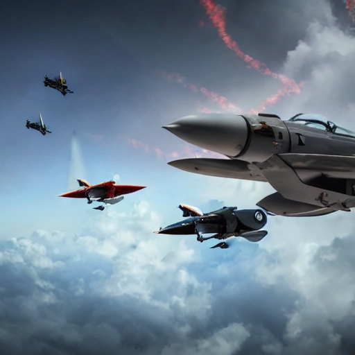 Very high-resolution, 4k, 8k, RTX, DLSS, Air battle between two fighters, rockets, Cloudy sky, Modern aviation, high camera located