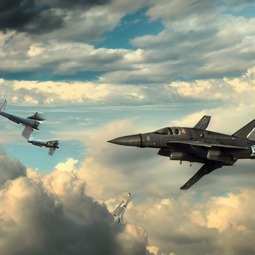 Very high-resolution, 4k, 8k, RTX, DLSS, Air battle between two fighters, rockets, Cloudy sky, Modern aviation, high camera located